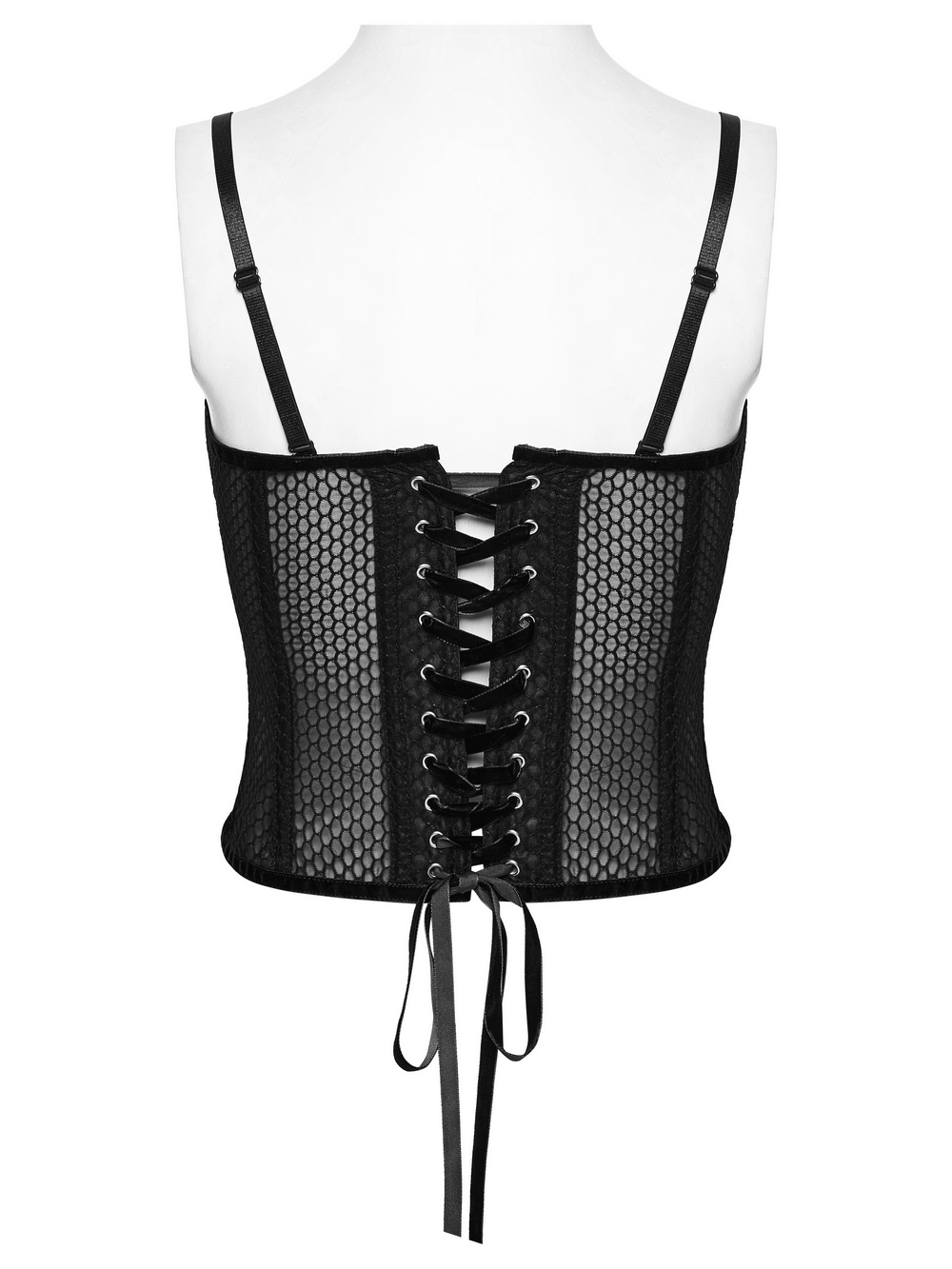 Gothic Mesh Corset Top with Velvet Rose Appliques showcasing the adjustable lace-up back design.