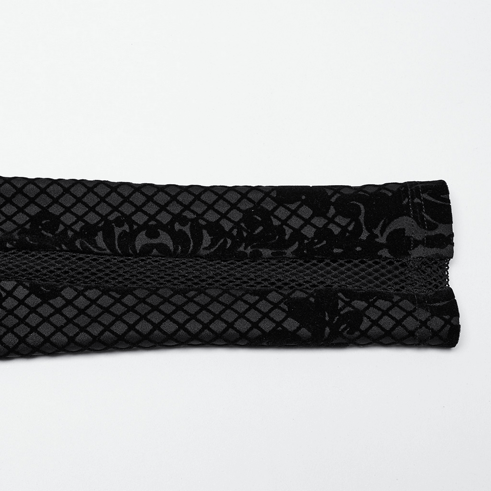 Gothic mesh sleeve detail featuring intricate black flocking and diamond patterns for a edgy look.