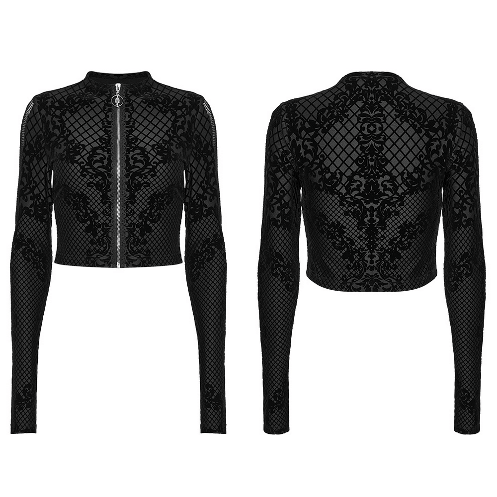 Gothic mesh crop jacket with skull zipper, featuring intricate dark print and stylish long sleeves for alternative fashion.