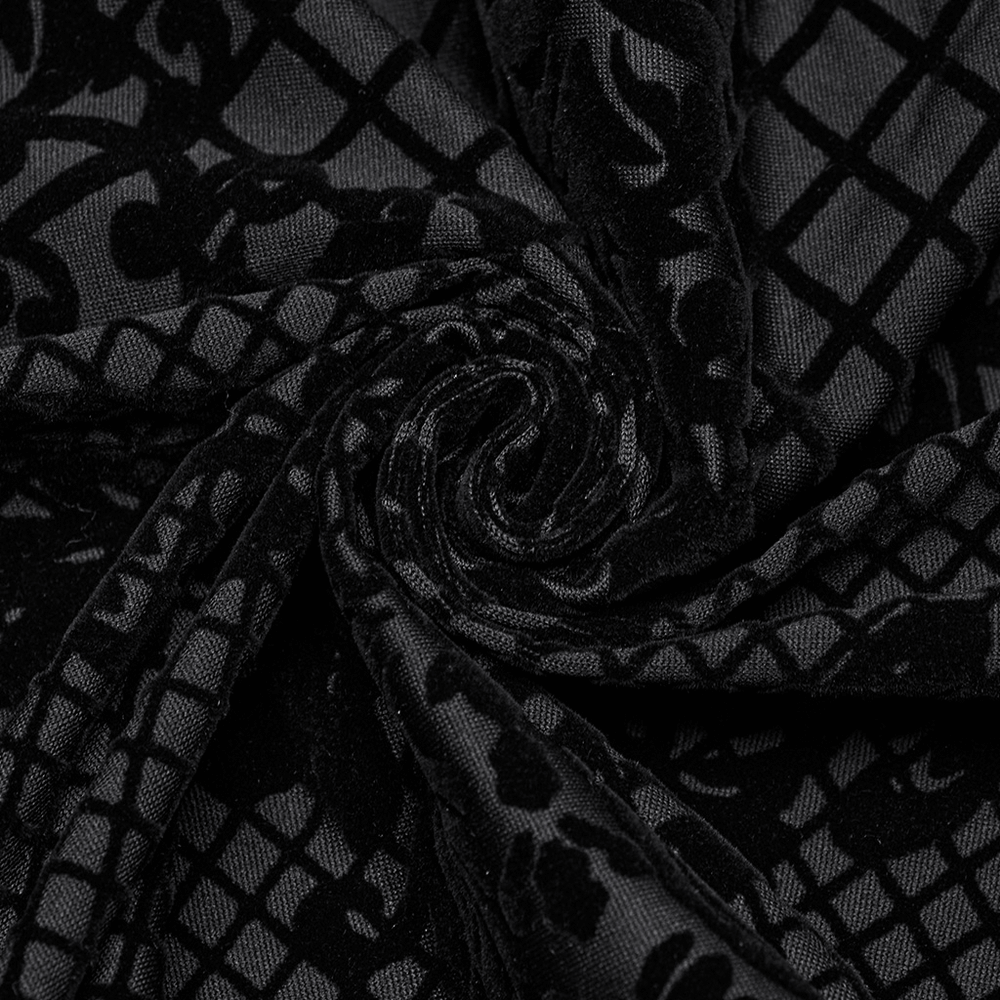 Close-up of gothic black mesh fabric with intricate flocked pattern, showcasing dark, edgy aesthetic for alternative fashion.