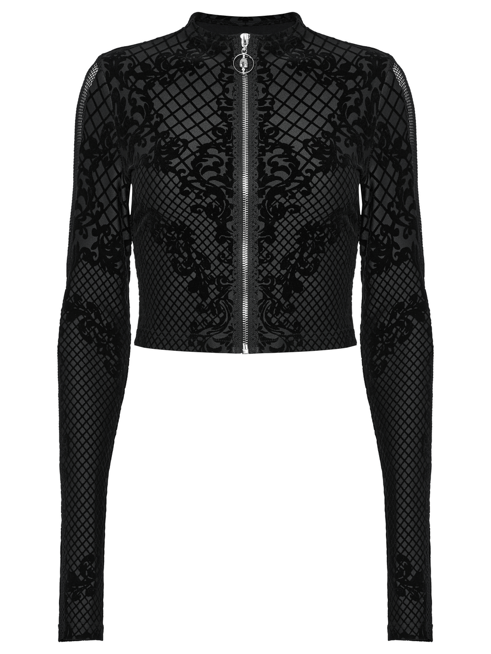 Gothic mesh flocking crop jacket featuring long sleeves and a skull zipper, ideal for alternative fashion enthusiasts.