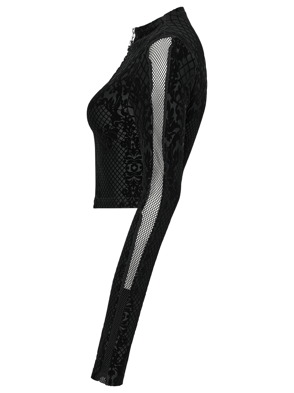 Gothic mesh flocking crop jacket showcasing sleek design and alluring mesh sleeves for an edgy look.