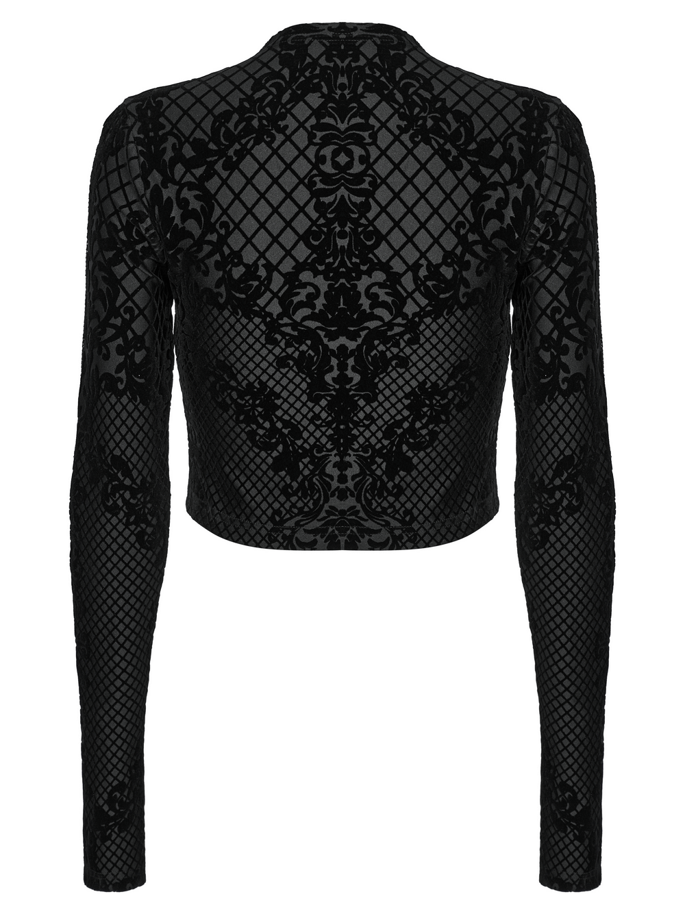 Back view of Gothic Mesh Flocking Crop Jacket showcasing intricate black patterns and long mesh sleeves.