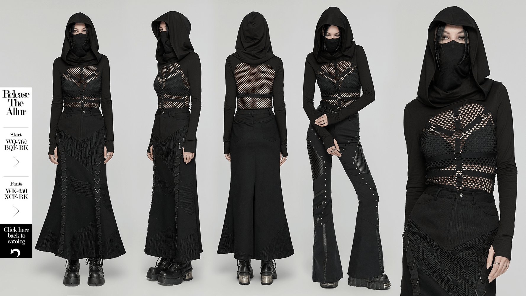 Gothic mesh hooded top with high collar and metal accents, showcasing punk-inspired fashion.