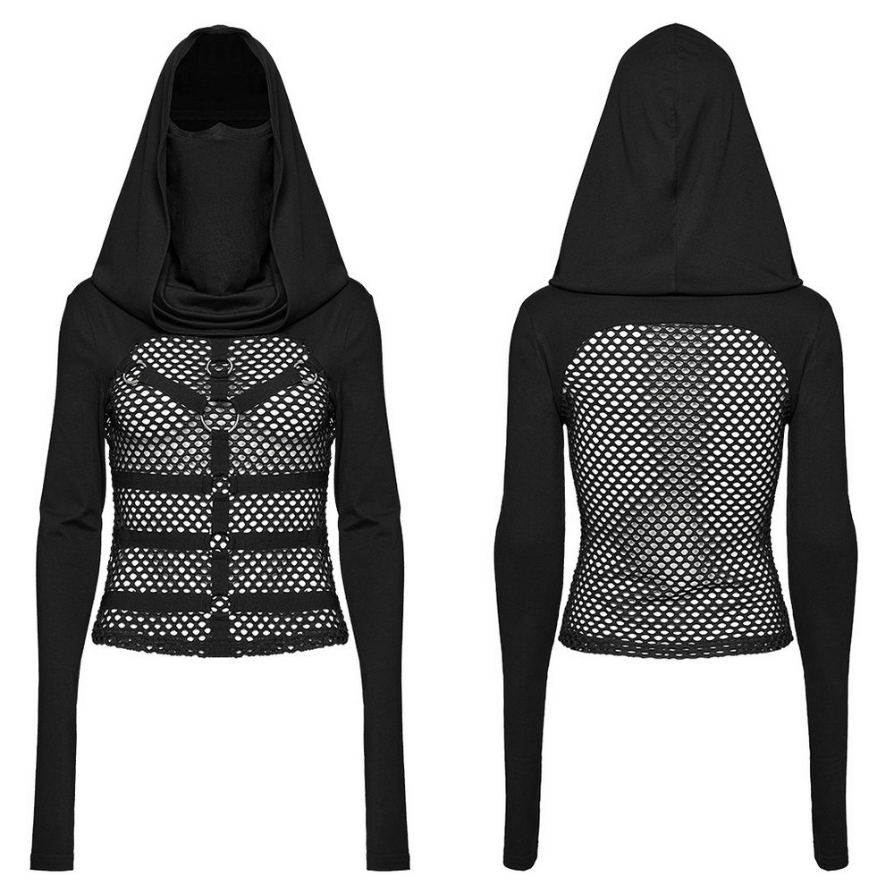 Gothic mesh hooded top with high collar and metal accents, perfect for punk style lovers.