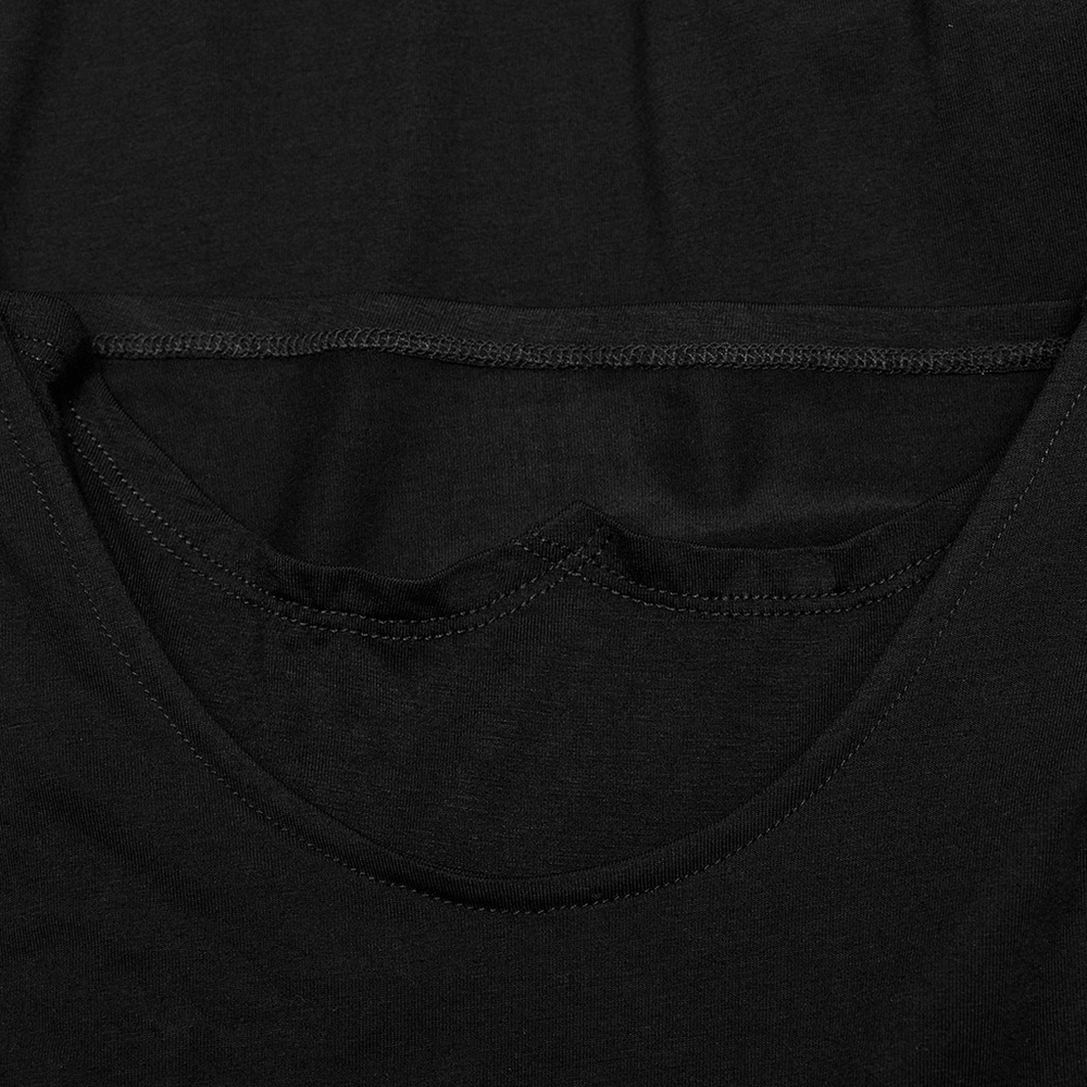 Close-up of the neckline detail of a black Gothic mesh hooded top featuring a soft, elastic knit fabric.