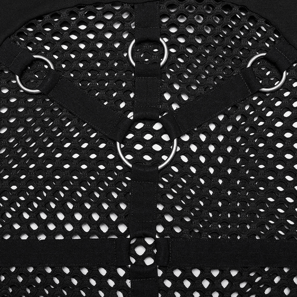 Close-up of the gothic mesh hooded top's intricate metal accents and elastic straps in a punk-inspired design.