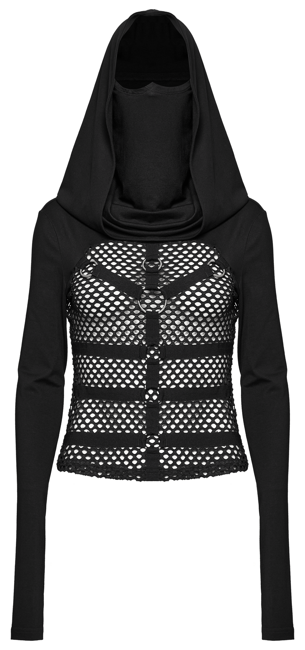 Gothic Mesh Hooded Top with High Collar and Metal Accents