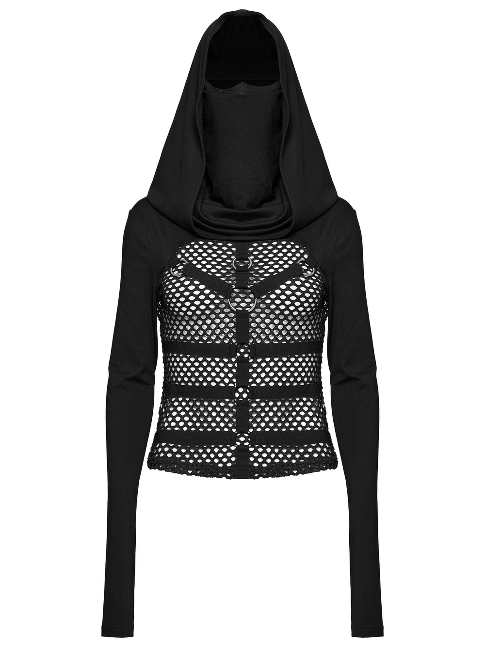 Gothic mesh hooded top with high collar and metal accents for punk enthusiasts.