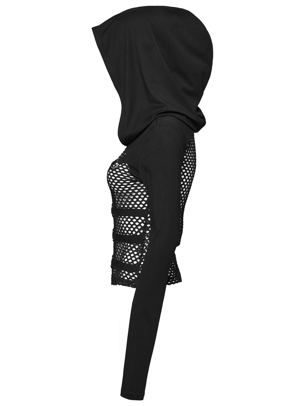 Gothic mesh hooded top with high collar and metal accents for punk fashion enthusiasts.