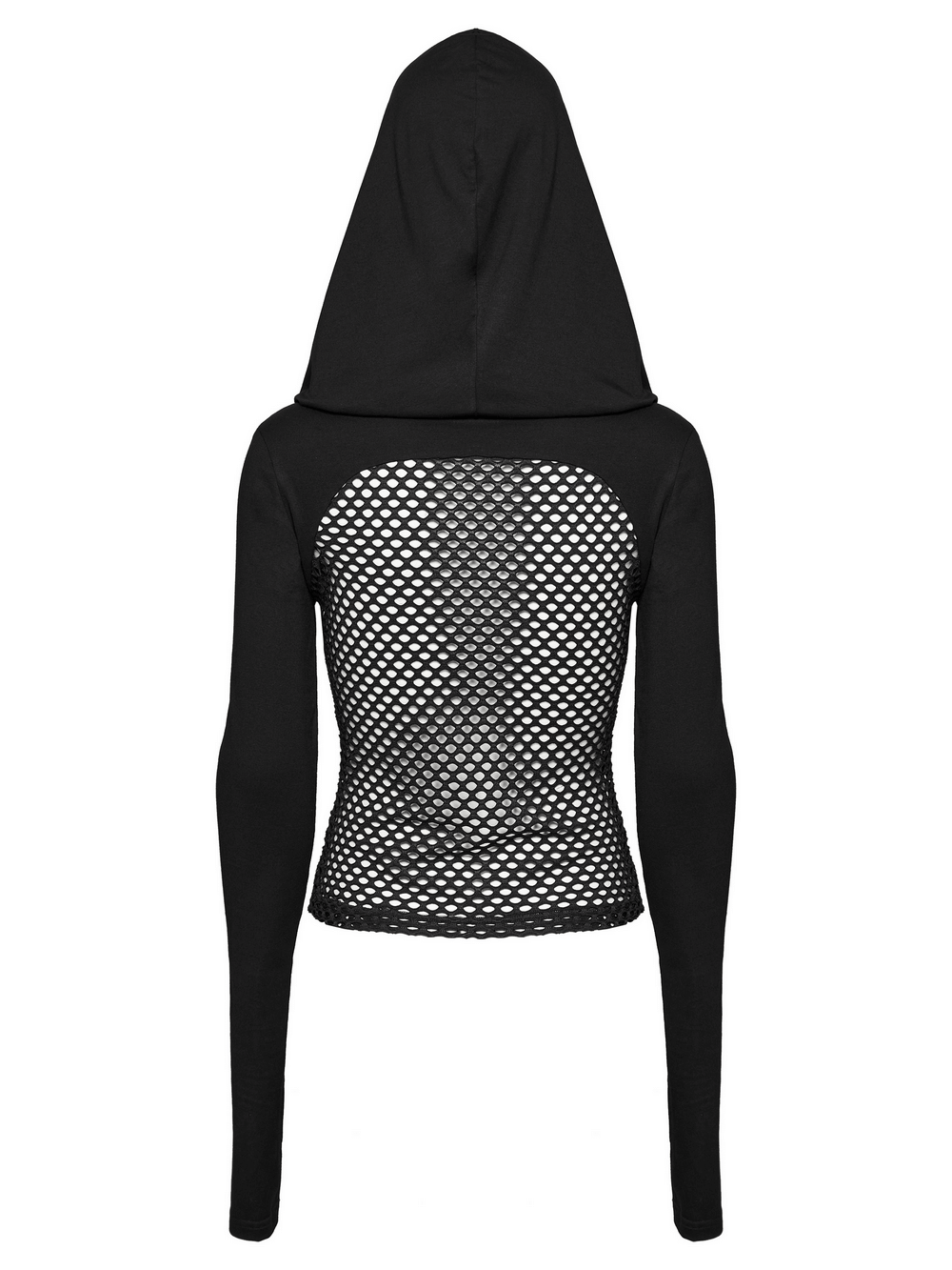 Back view of a Gothic mesh hooded top featuring a high collar and stylish mesh pattern.