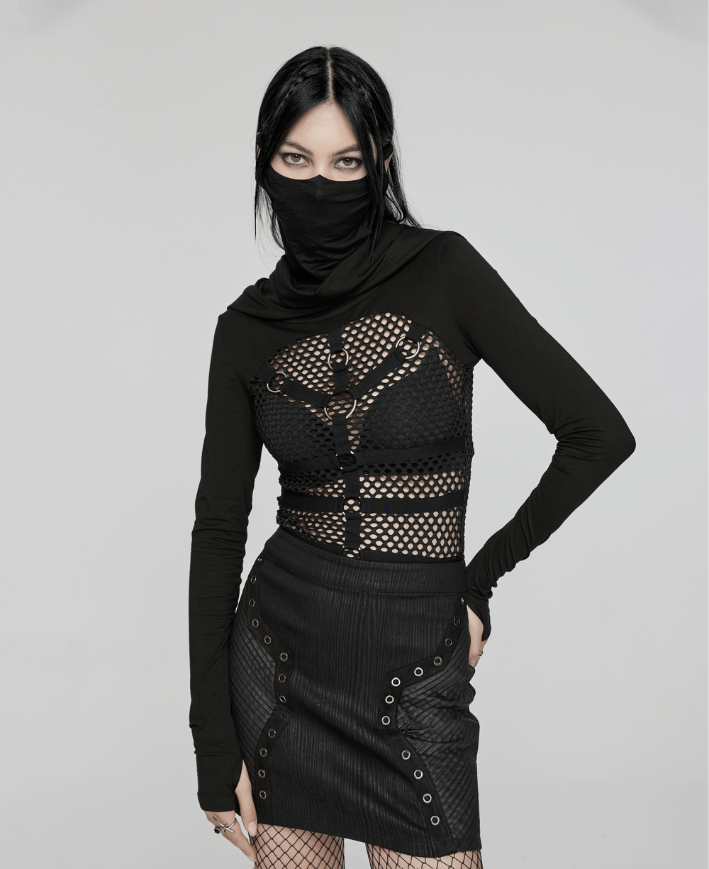 Gothic mesh hooded top with high collar and metal accents on a model, showcasing punk fashion with an edgy vibe.