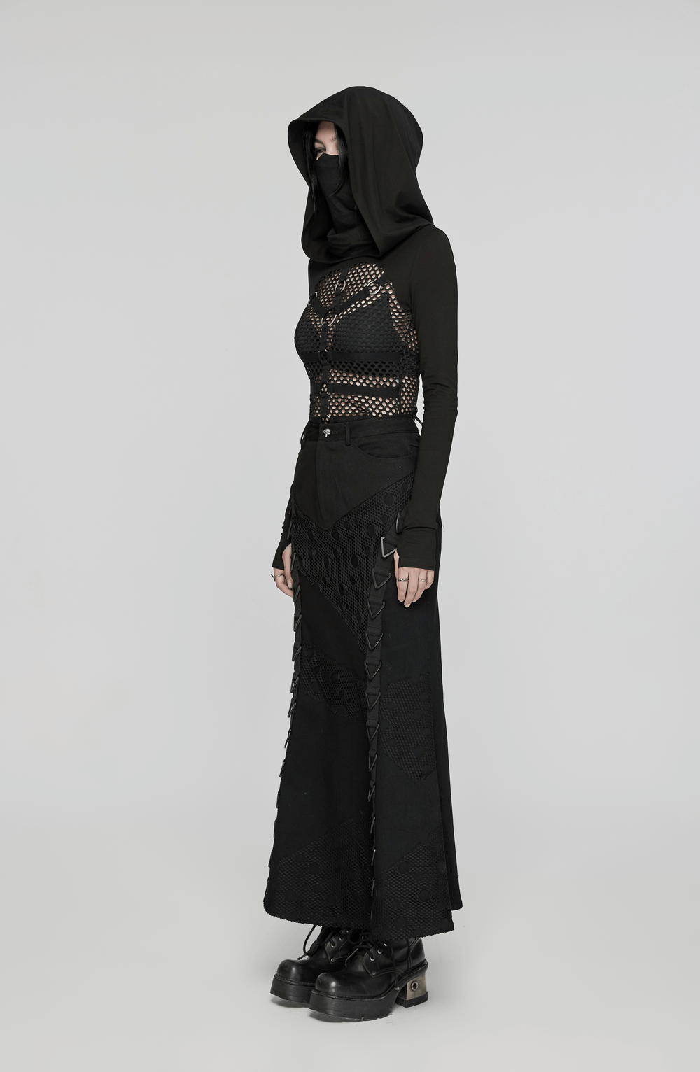 Gothic mesh hooded top with high collar and metal accents, featuring an edgy punk style.