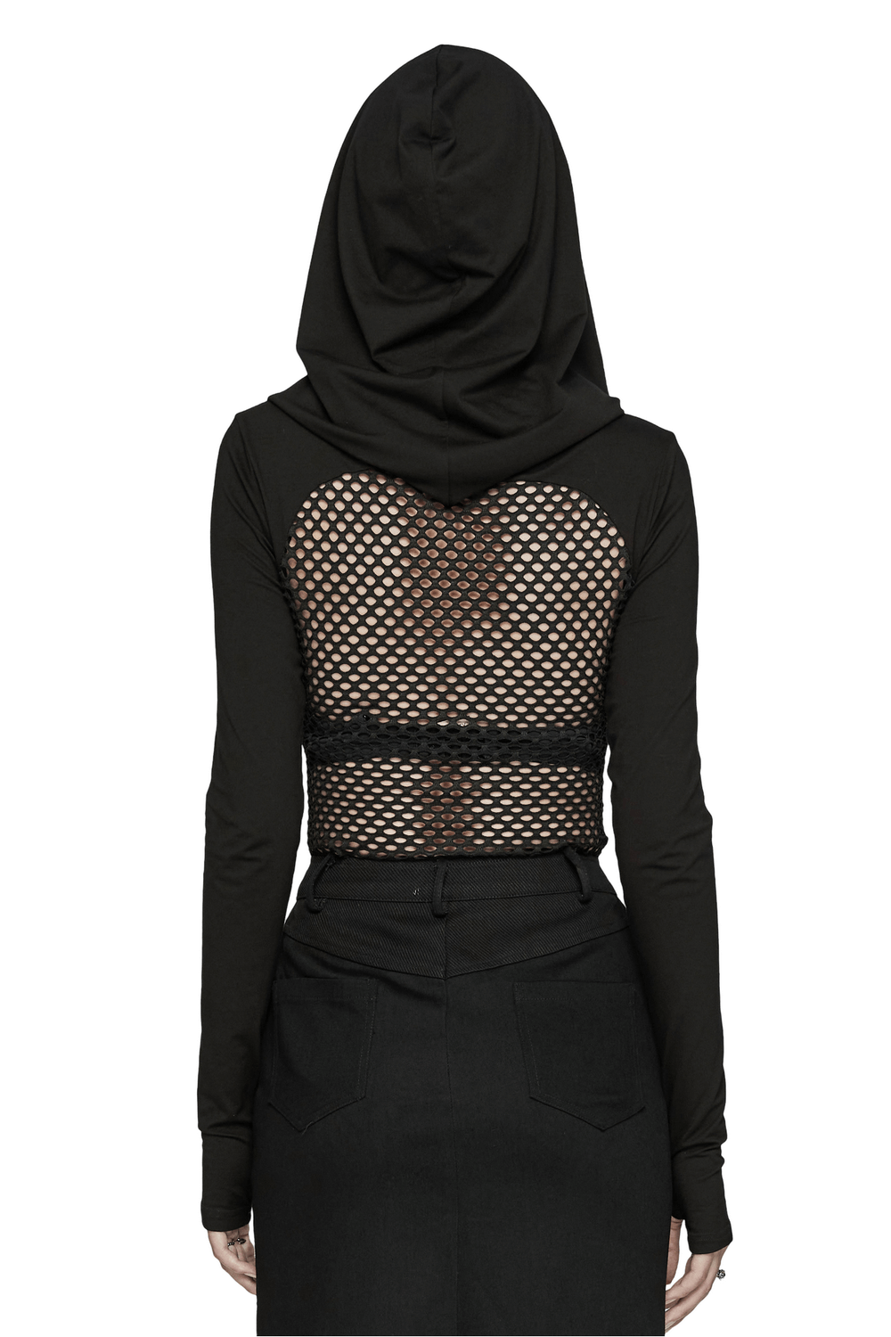 Back view of gothic mesh hooded top with high collar and edgy fishnet design, perfect for punk style.
