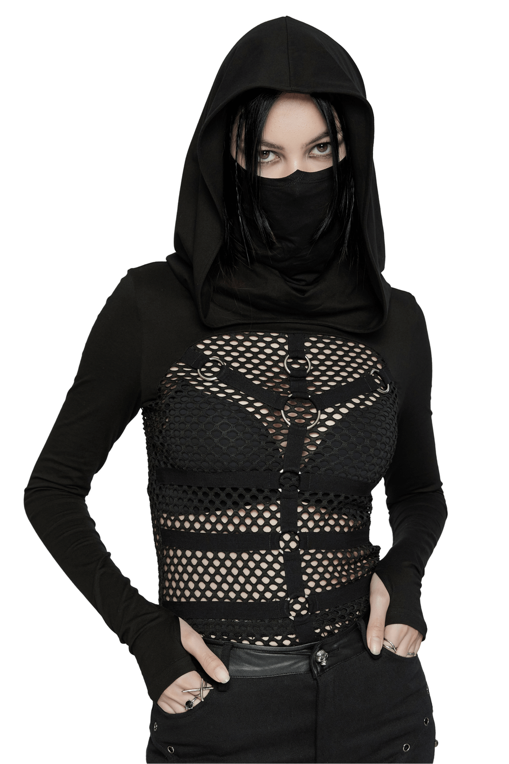 Punk-inspired gothic mesh hooded top featuring a high collar and metal accents, perfect for rebellious fashion lovers.