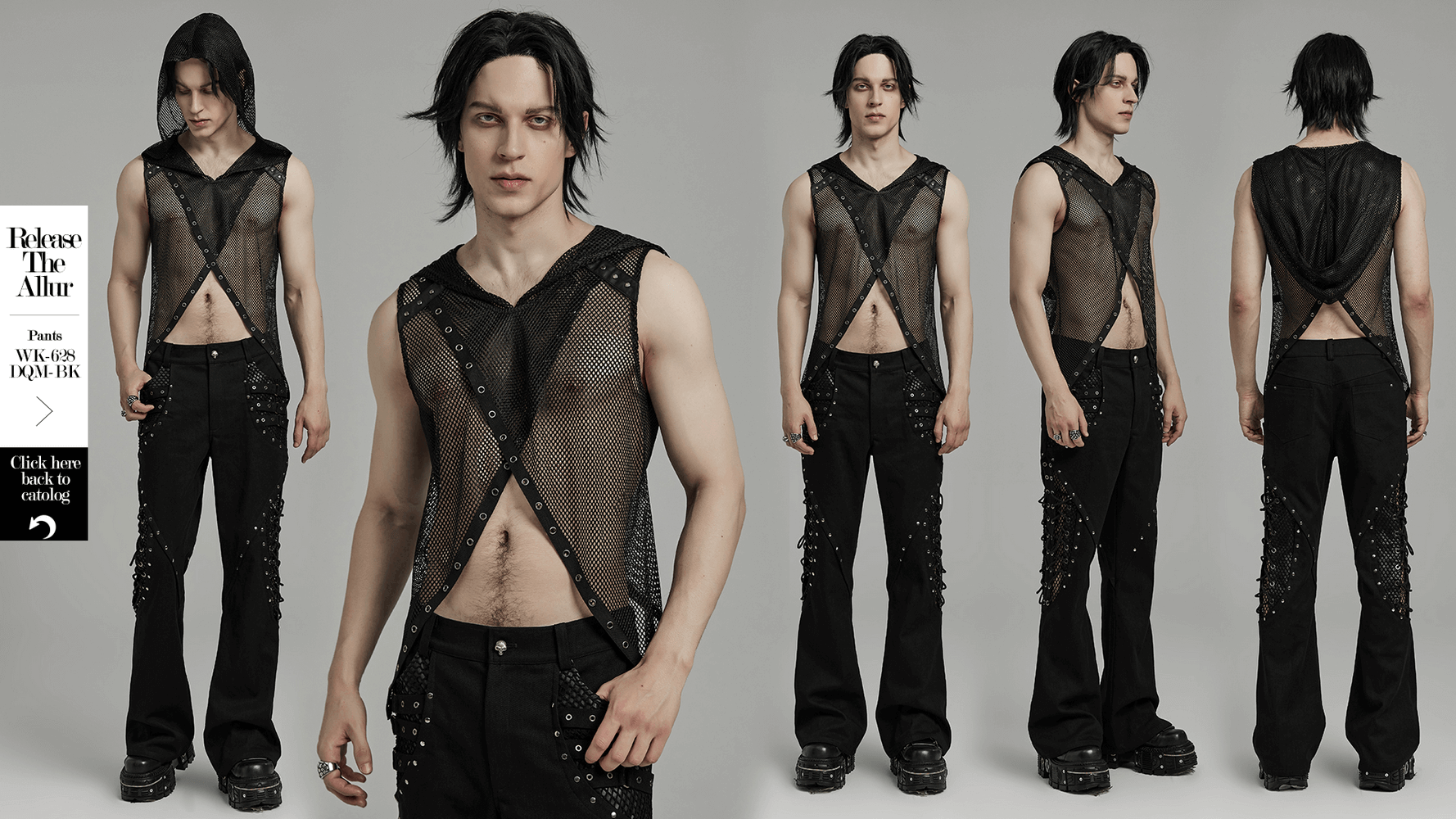 Gothic mesh hooded vest with hollow out design for an edgy punk style, perfect for layering and making a bold statement.