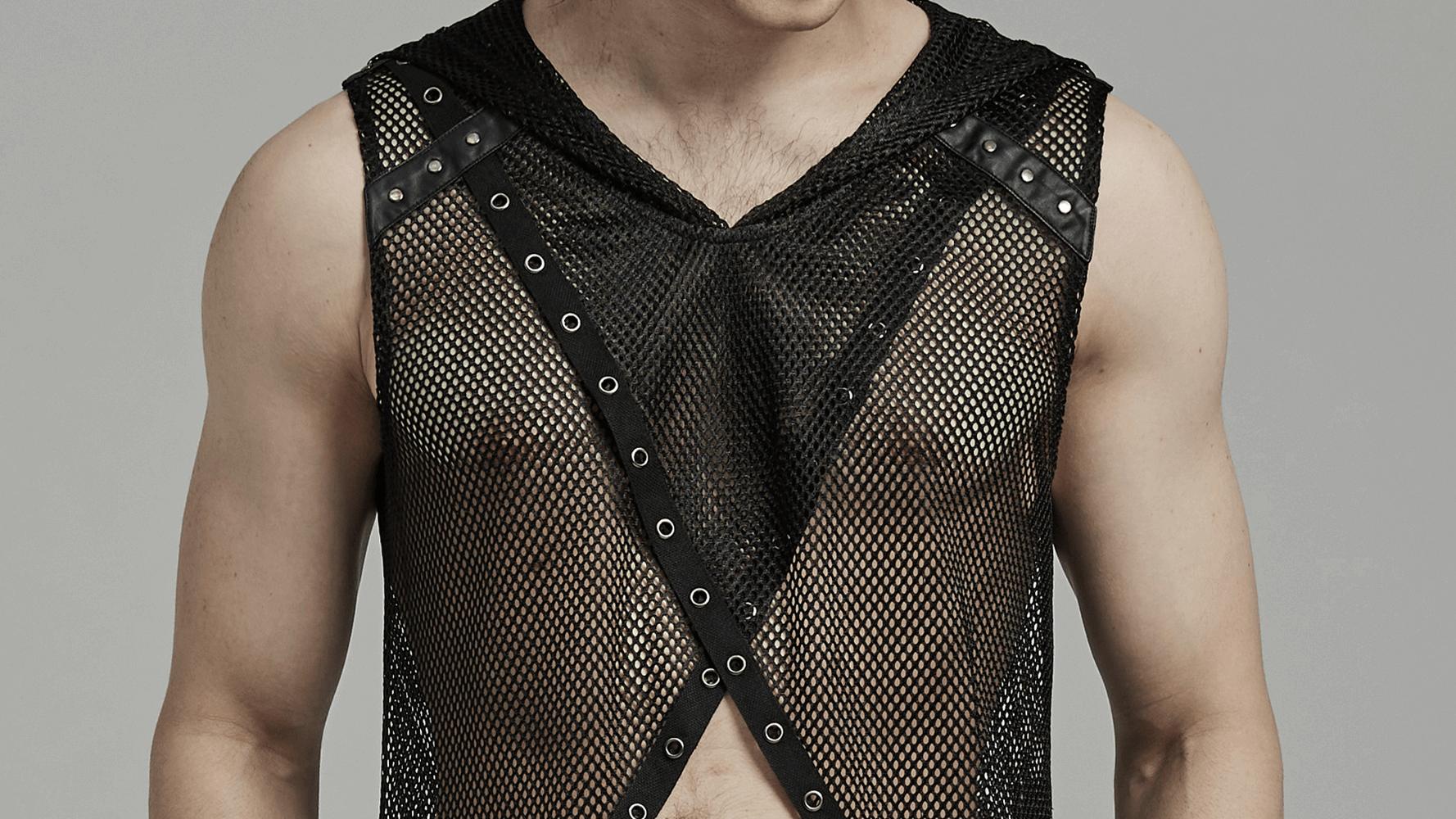 Gothic mesh hooded vest with edgy hollow cut design, perfect for punk style layering and bold fashion statements.