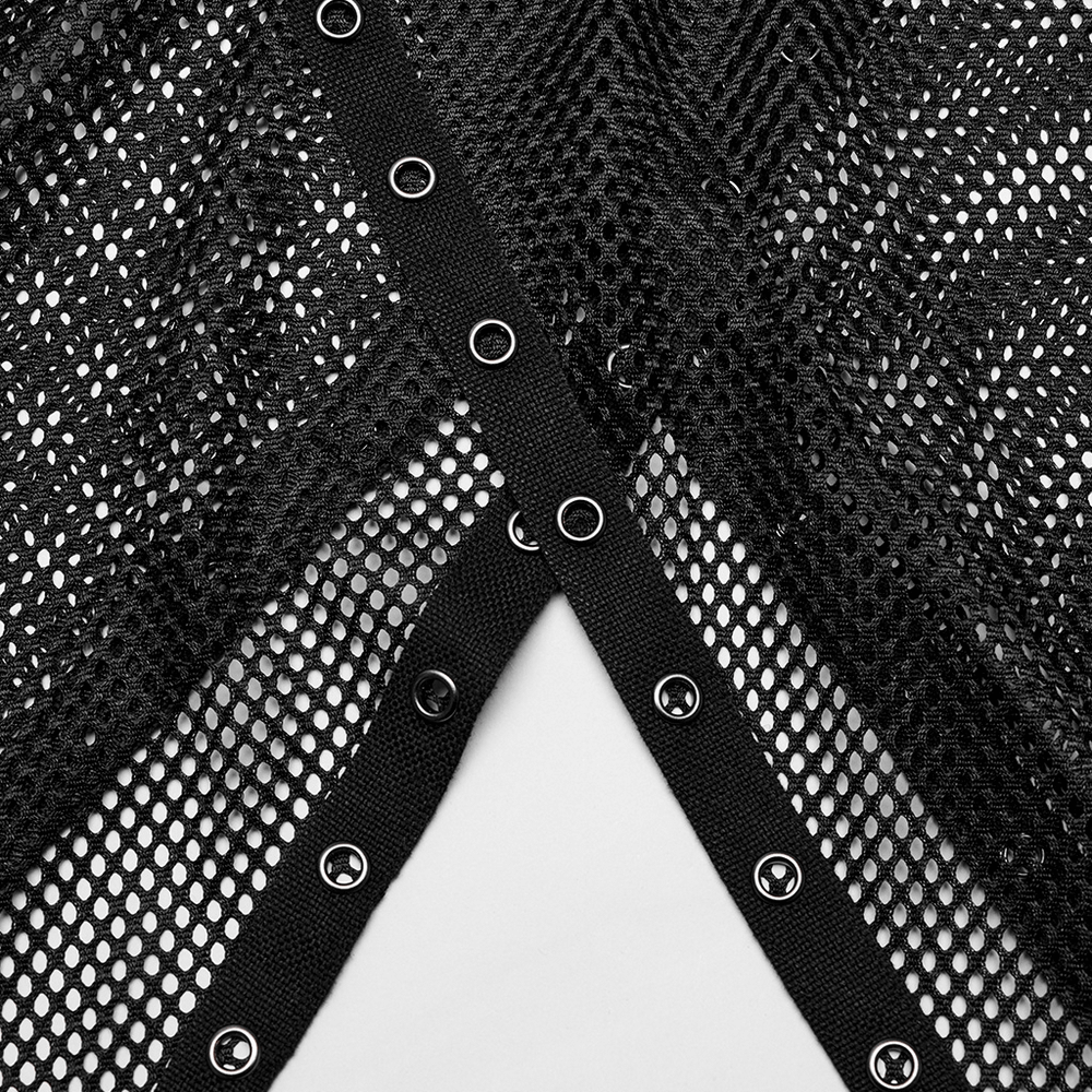 Close-up of gothic mesh fabric with bold hollow pattern and eyelet details for punk vest design.
