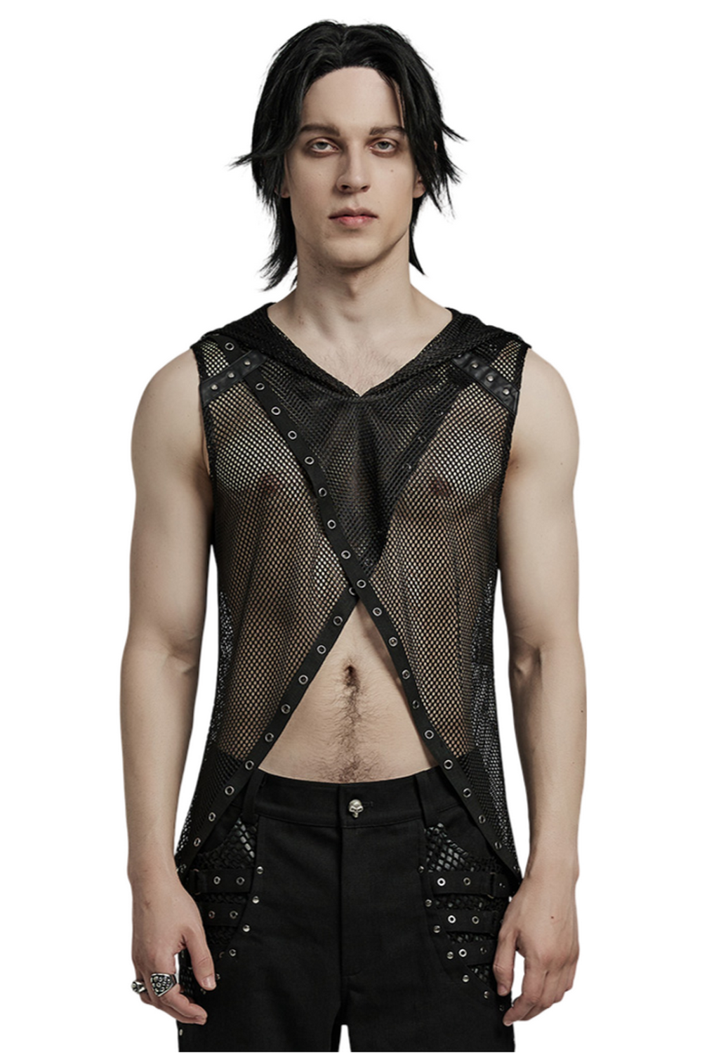 Gothic Mesh Hooded Vest / Sexy Punk Hollow Out Design Top
