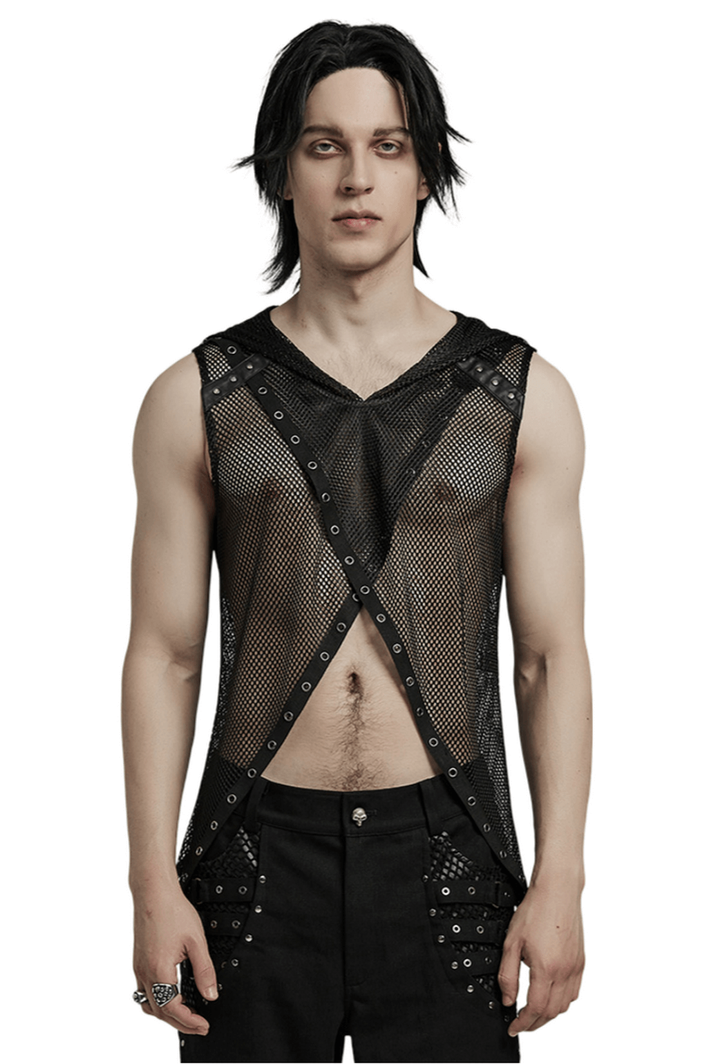 Gothic mesh hooded vest featuring edgy hollow out design and punk style with cross straps and studs.