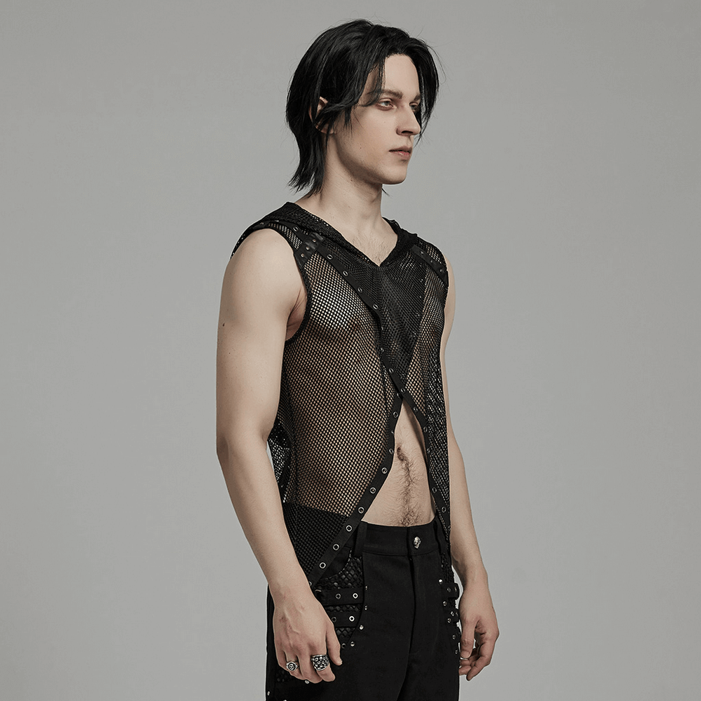 Gothic mesh hooded vest for men showcasing a sexy punk style with a unique two-piece design and hollow out pattern.