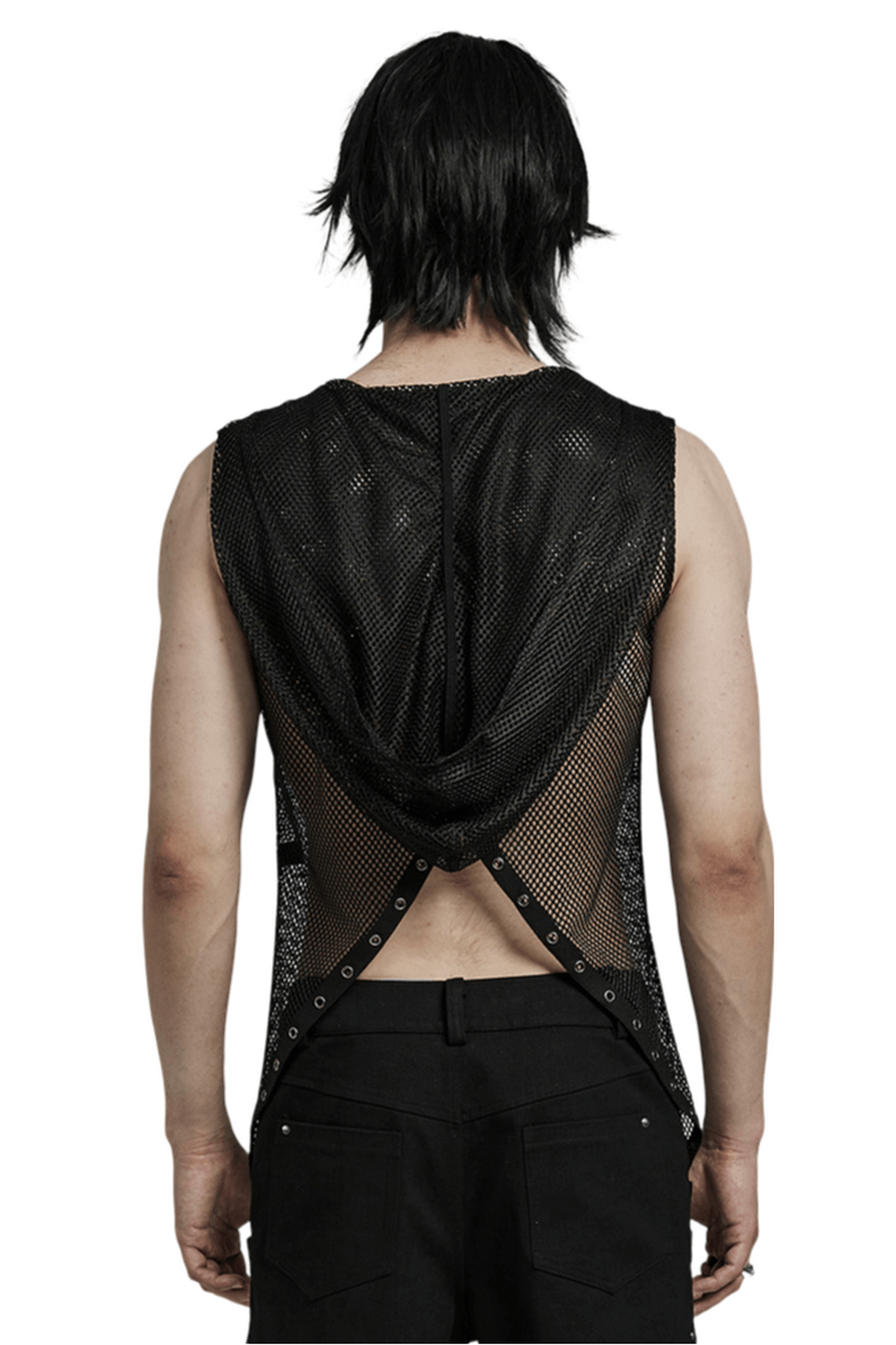 Back view of a Gothic mesh hooded vest with hollow out design, perfect for a punk fashion statement.