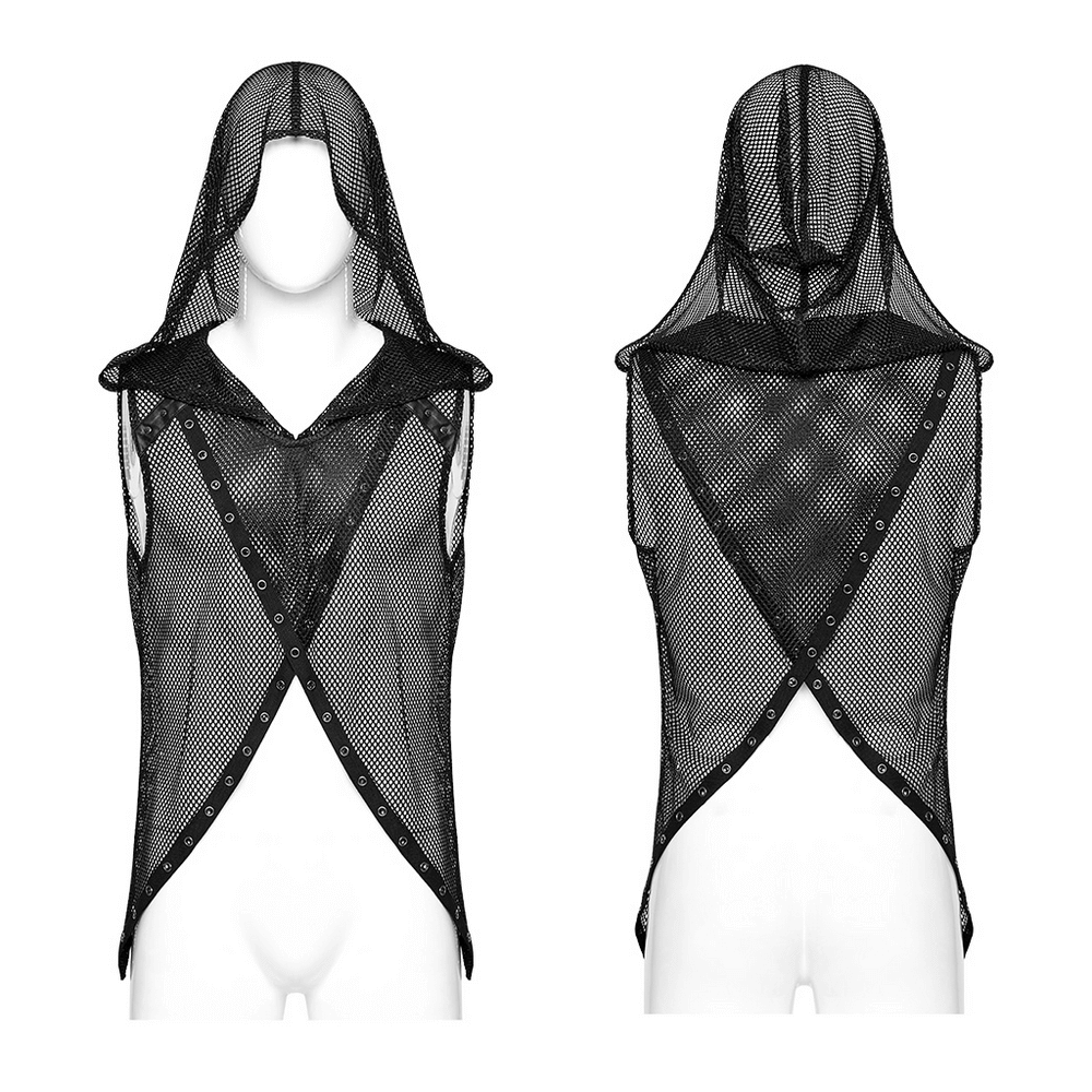 Gothic mesh hooded vest featuring a unique hollow out design, perfect for punk style layering.