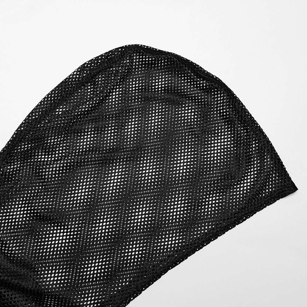 Gothic mesh hooded vest close-up showcasing unique hollow out design and edgy texture.