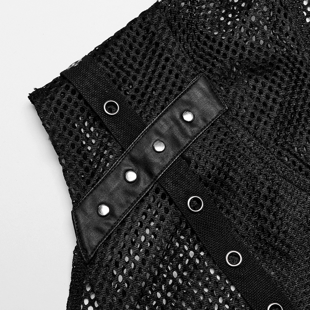 Close-up of gothic mesh hooded vest with leather strap and studs, showcasing edgy punk fashion style.