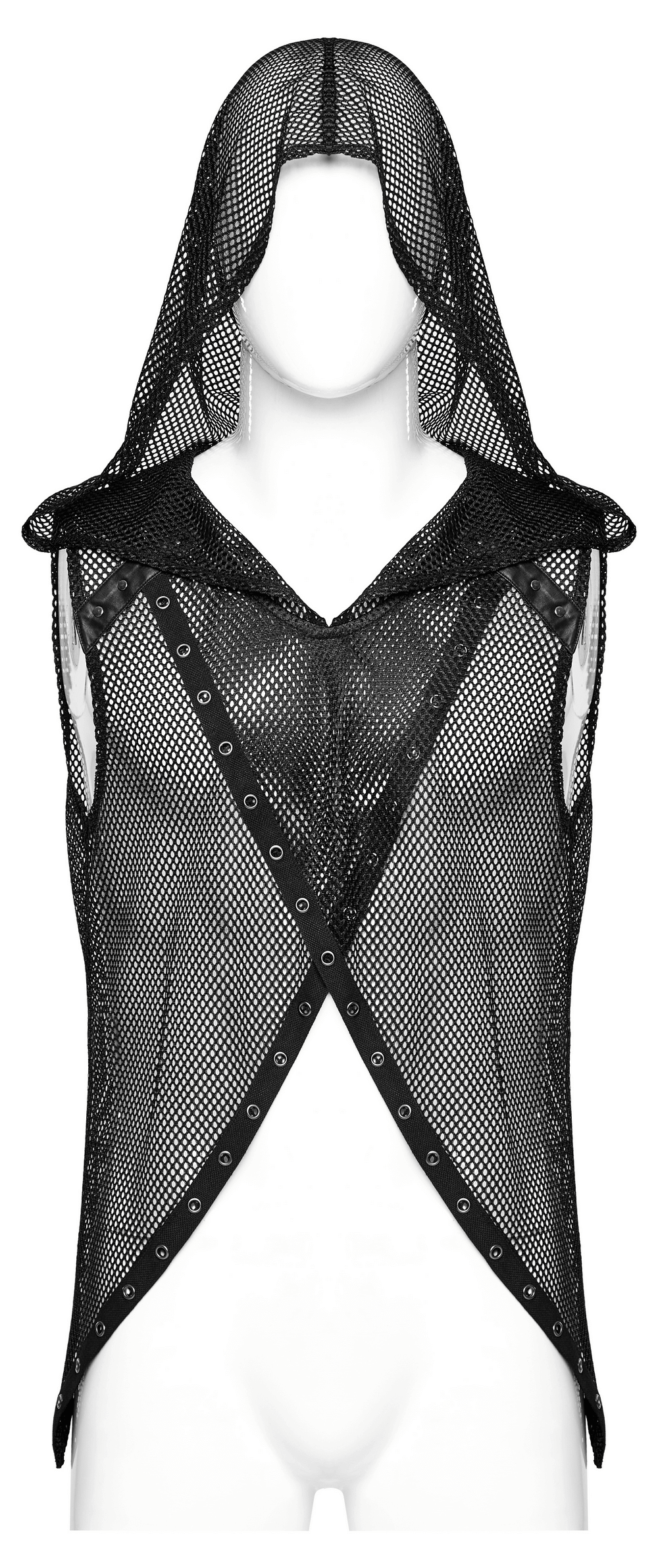 Gothic mesh hooded vest with sexy hollow out design, perfect for punk and edgy layering styles.