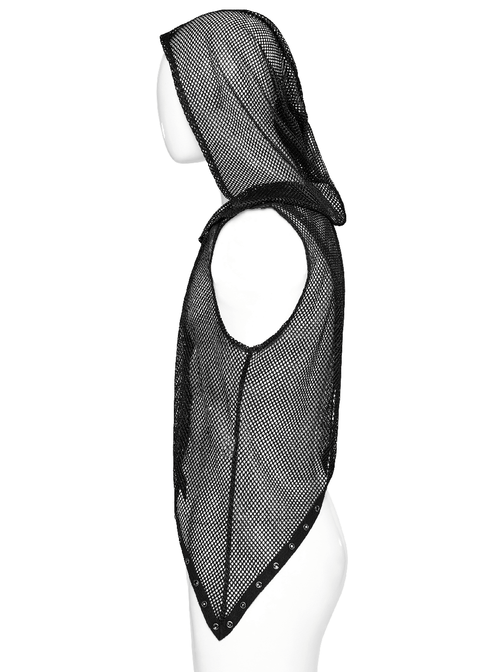 Side view of a gothic mesh hooded vest with a sexy hollow out design, perfect for punk style layering.