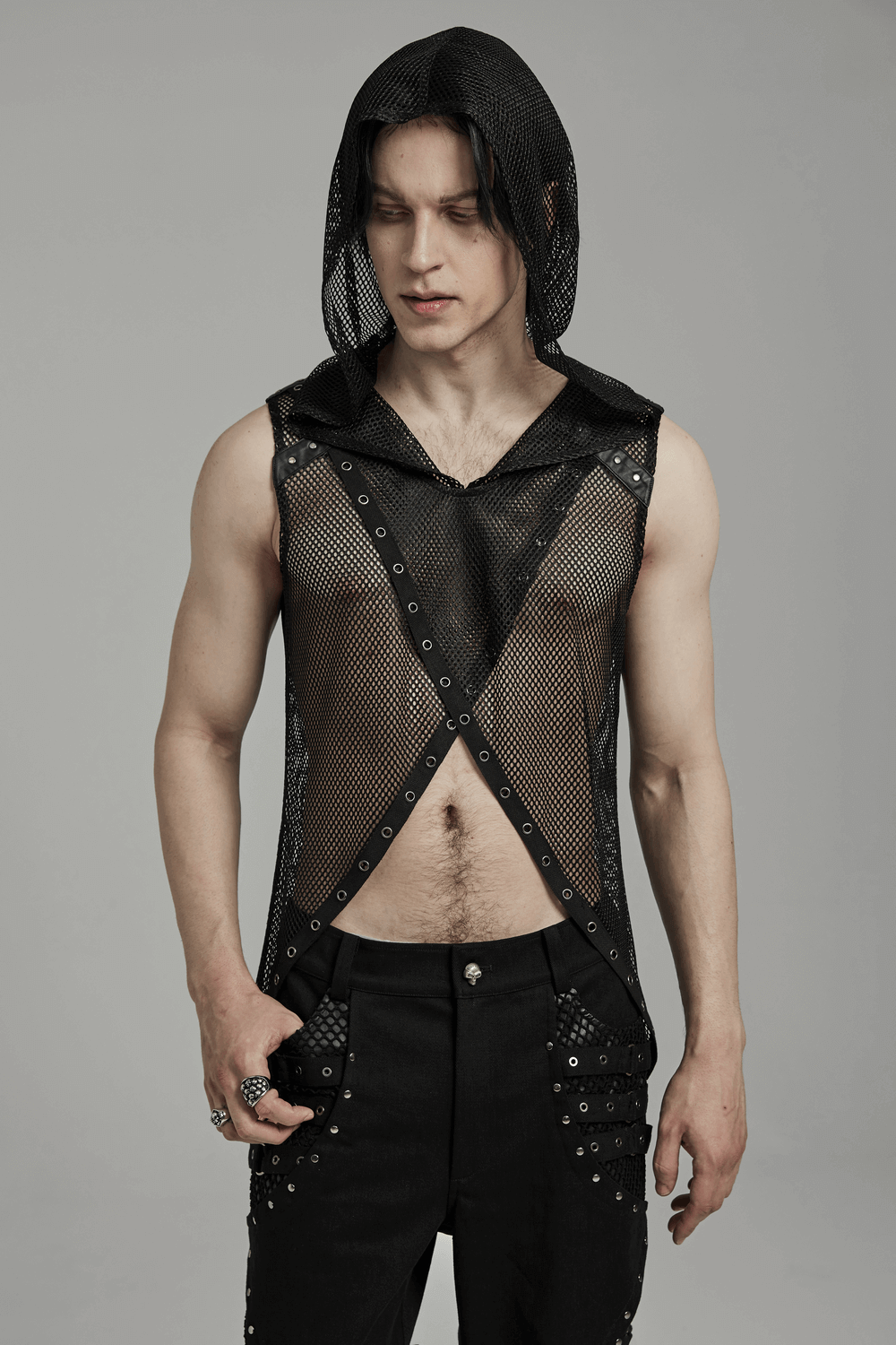 Gothic mesh hooded vest in black, featuring a sexy hollow out design and edgy two-piece style.