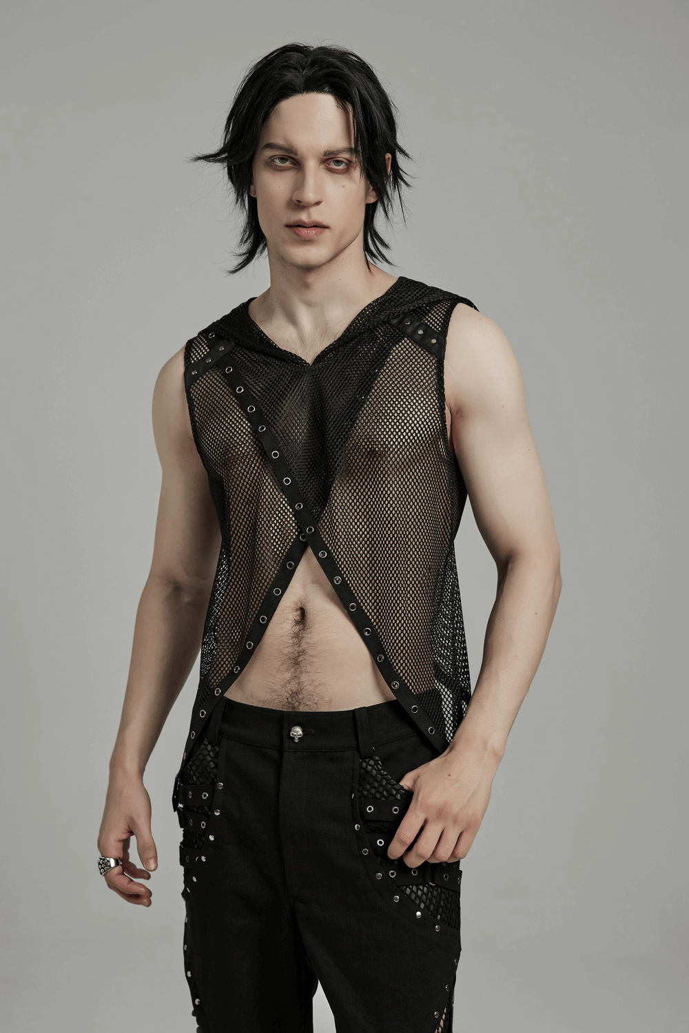 Edgy gothic mesh hooded vest showcasing a punk hollow out style, perfect for bold fashion statements.