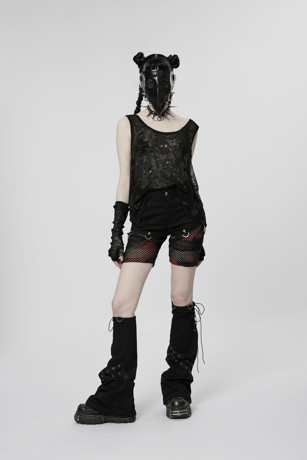 Gothic mesh layered skull tank top with finger sleeves, stylish punk-inspired outfit for the edgy rebel.