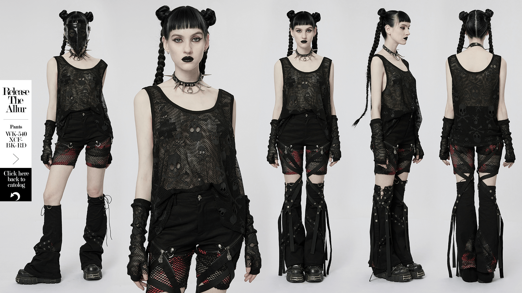 Gothic mesh layered skull tank with finger sleeves, styled for an edgy punk look. Perfect for adding rebellion to your outfit.