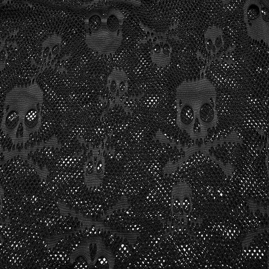 Gothic mesh fabric with bold skull and crossbones pattern, perfect for a punk-inspired look.