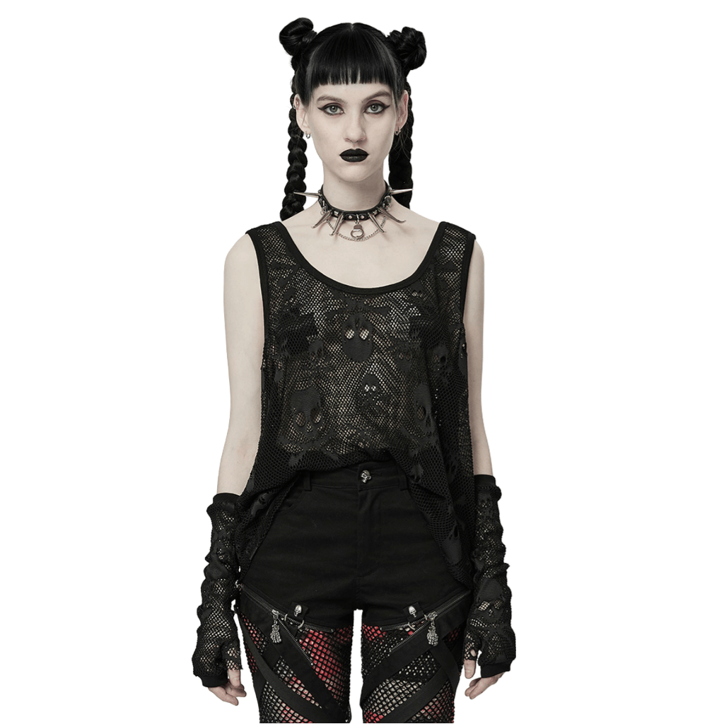 Gothic mesh layered skull tank with finger sleeves, embodying edgy punk style and bold rebellious fashion.