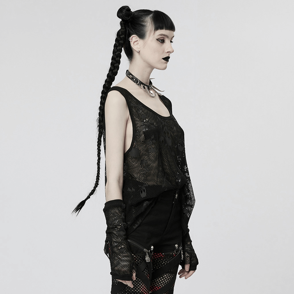Edgy punk gothic tank top with mesh layers and finger sleeves, showcasing a bold skull design and a rebel aesthetic.