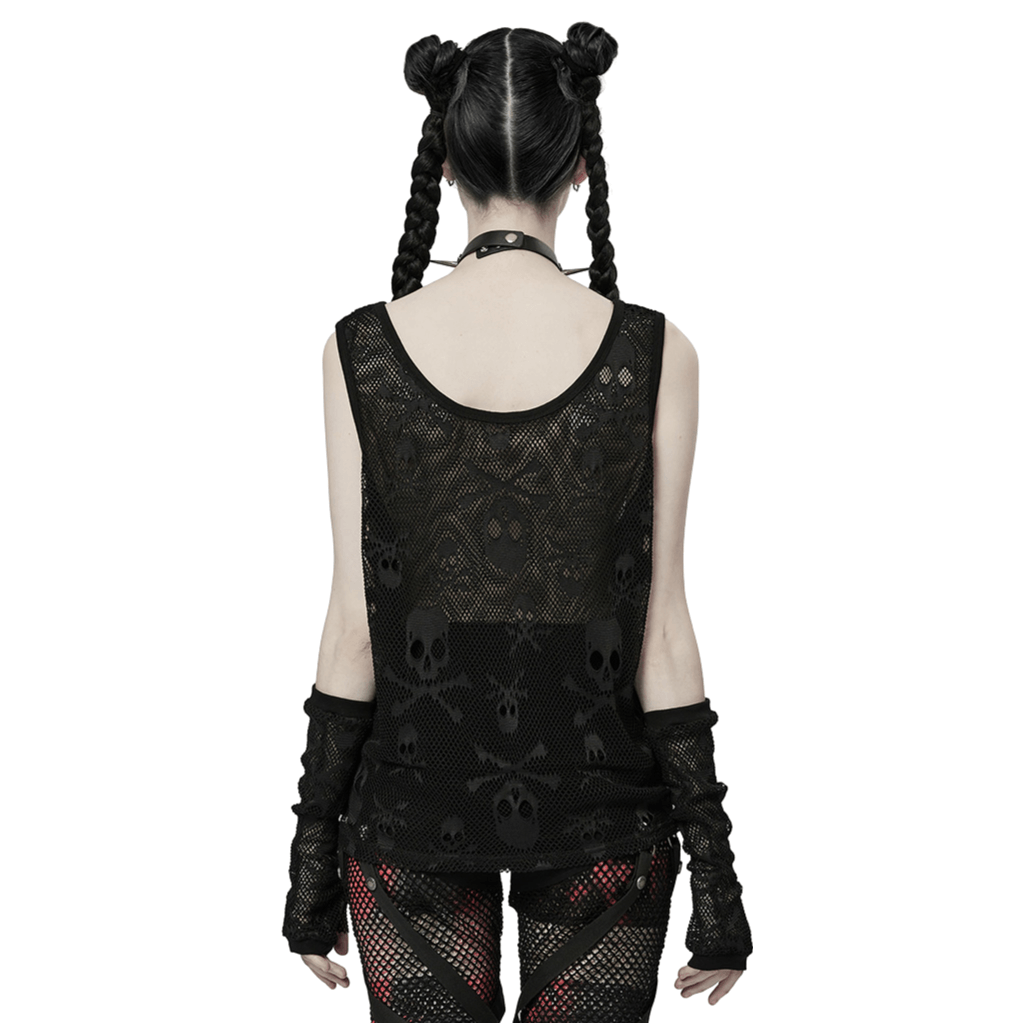 Back view of Gothic Mesh Layered Skull Tank with Finger Sleeves, featuring edgy layered mesh and bold skull design.