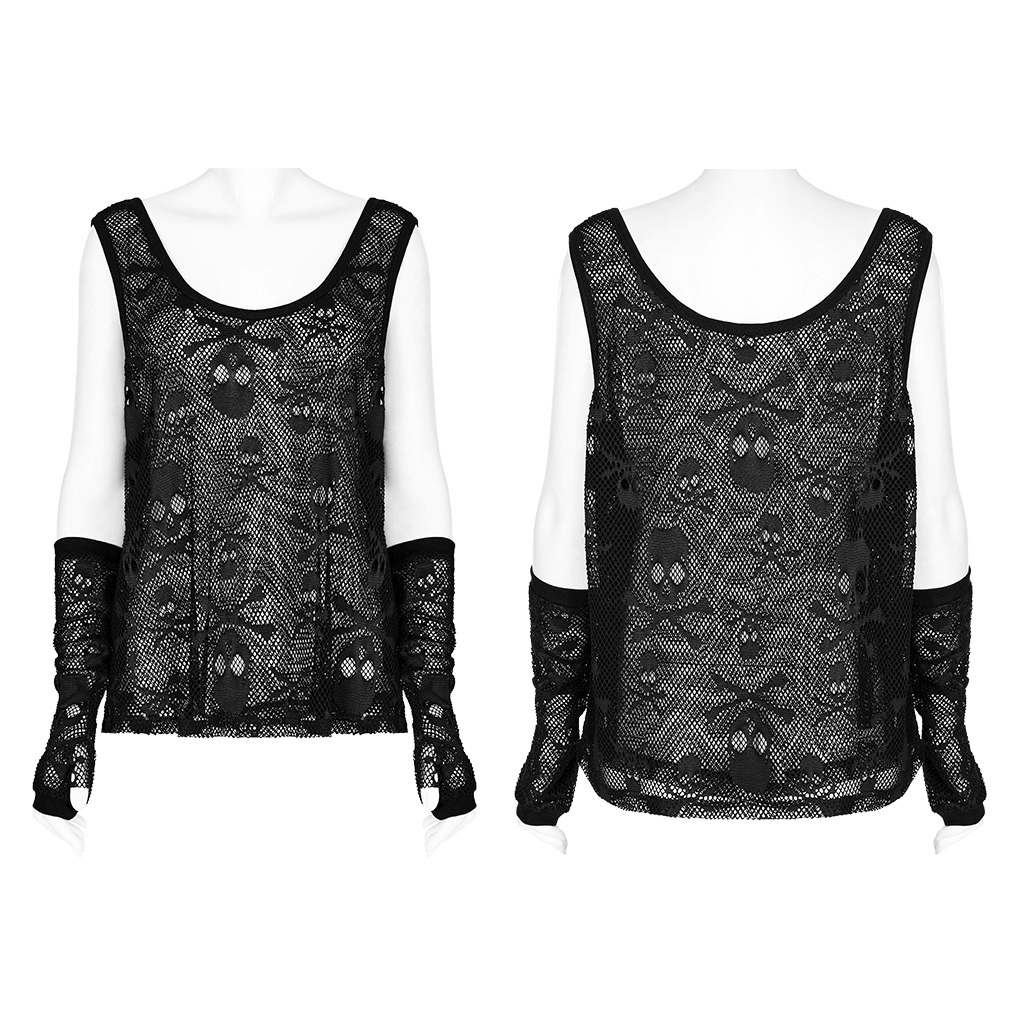 Gothic mesh layered skull tank top featuring edgy finger sleeves and a bold skull pattern, perfect for punk-style outfits.