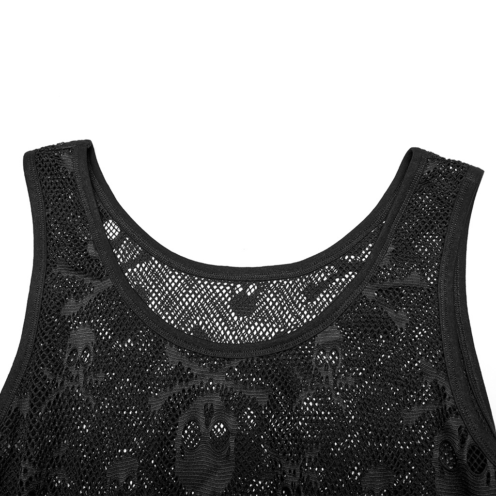 Close-up of Gothic Mesh Layered Skull Tank top showcasing intricate skull patterns and edgy mesh design.