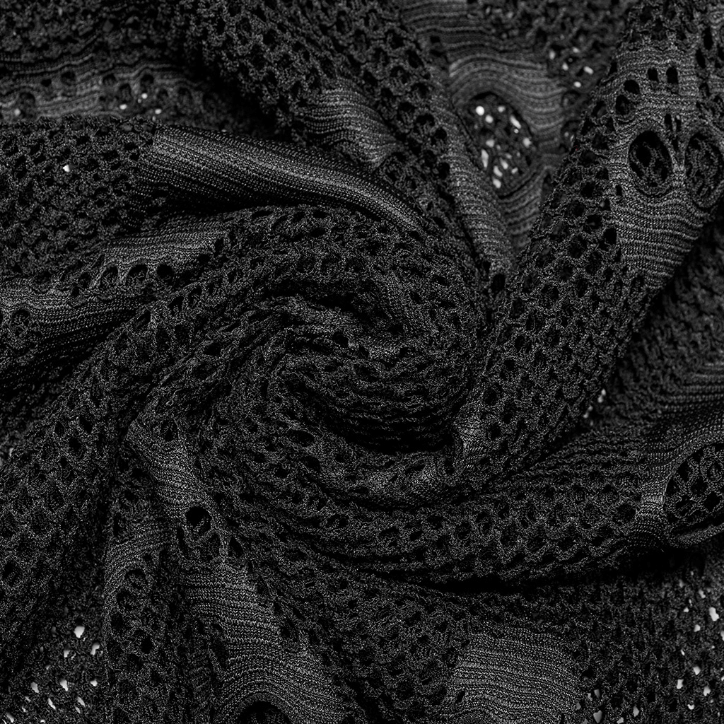 Close-up of black gothic mesh fabric with intricate textures, perfect for layered punk-inspired fashion.