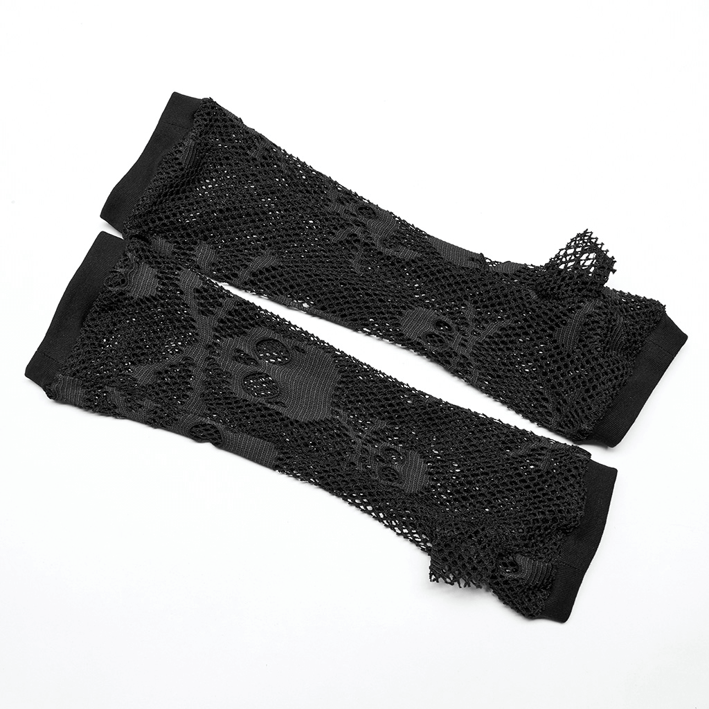 Gothic mesh finger sleeves with skull pattern for an edgy punk look, perfect for layering or enhancing outfits.