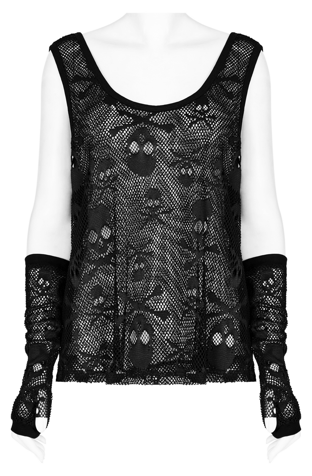 Gothic mesh layered skull tank top with finger sleeves for a punk-inspired look.