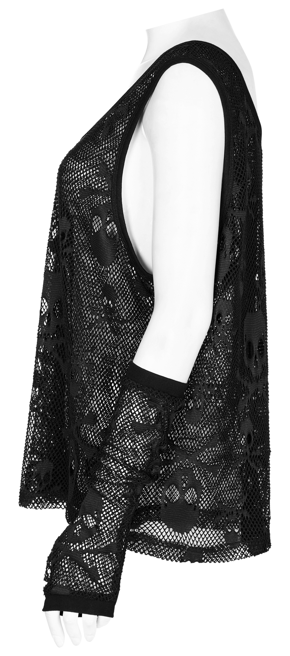Gothic mesh layered skull tank top with finger sleeves, showcasing edgy punk style and unique textures.