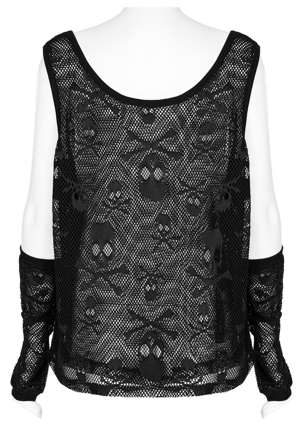 Gothic mesh skull tank top with finger sleeves, showcasing an edgy punk design and bold skull pattern on a black background.