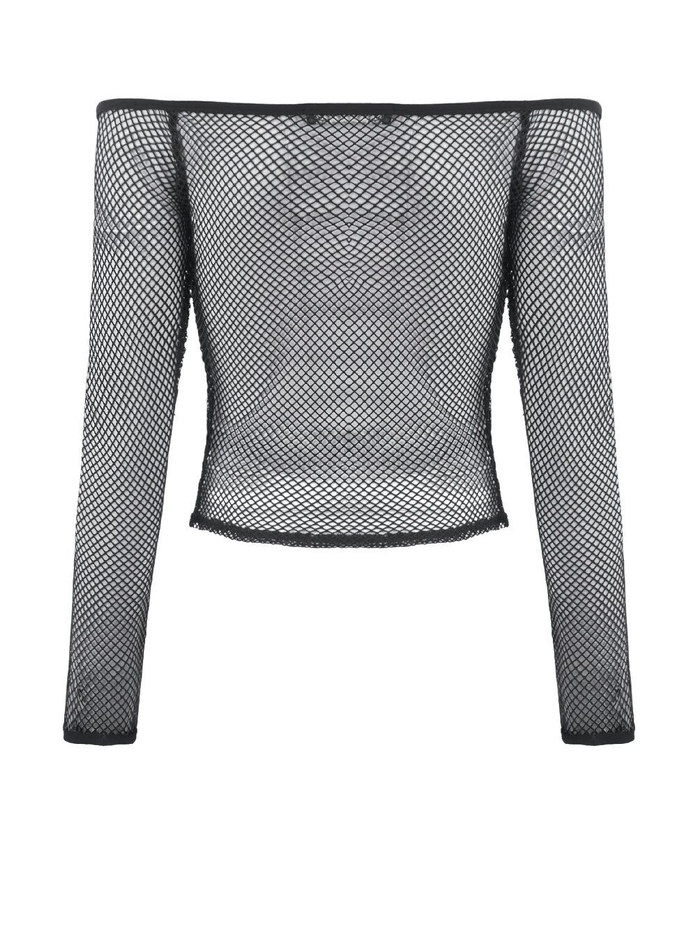 Gothic Mesh Off-Shoulder Long-Sleeved Top for Women showcasing edgy fishnet fabric in a stylish design.