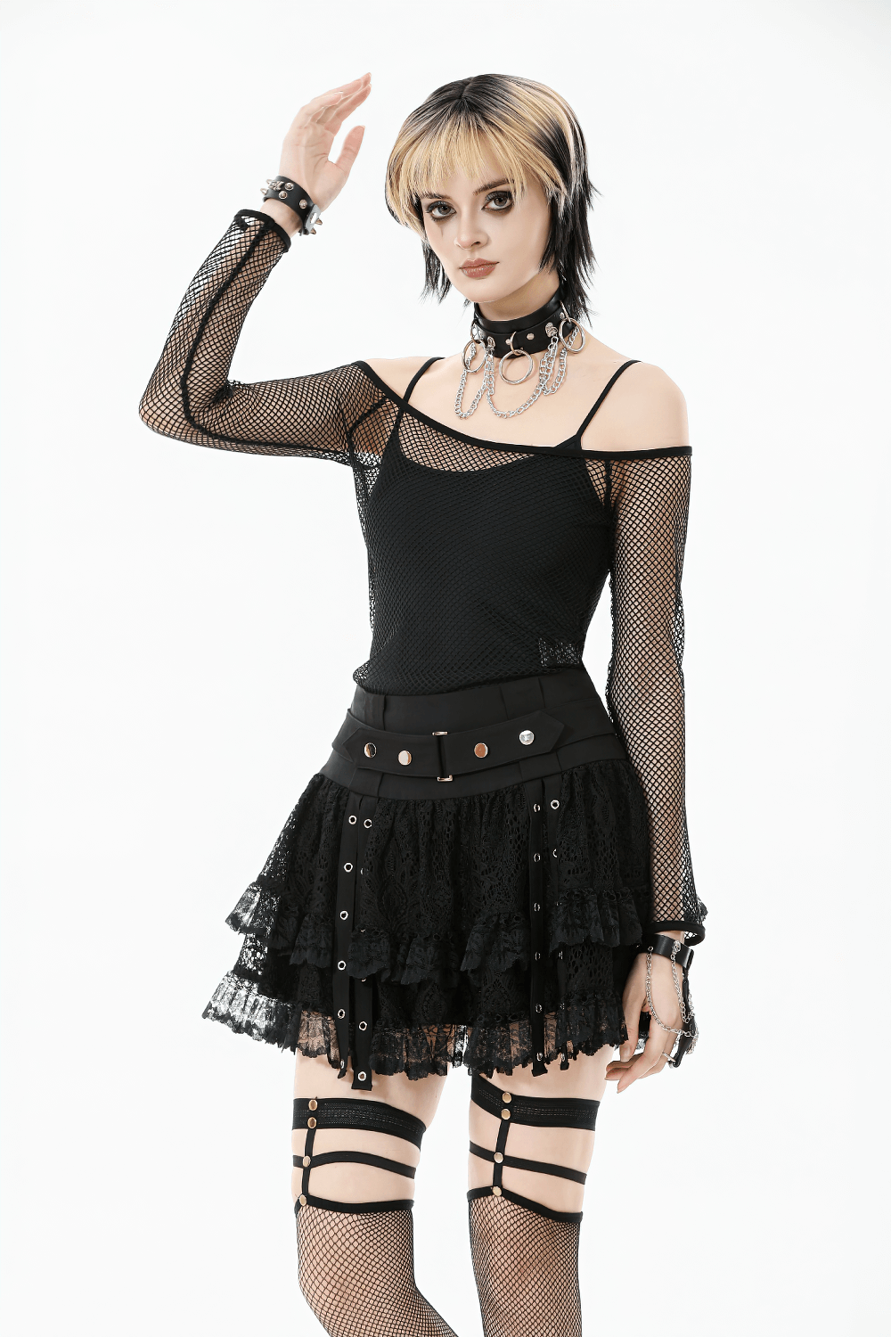 Gothic Mesh Off-Shoulder Long-Sleeved Top for Women paired with a layered black skirt, creating a stylish goth look.