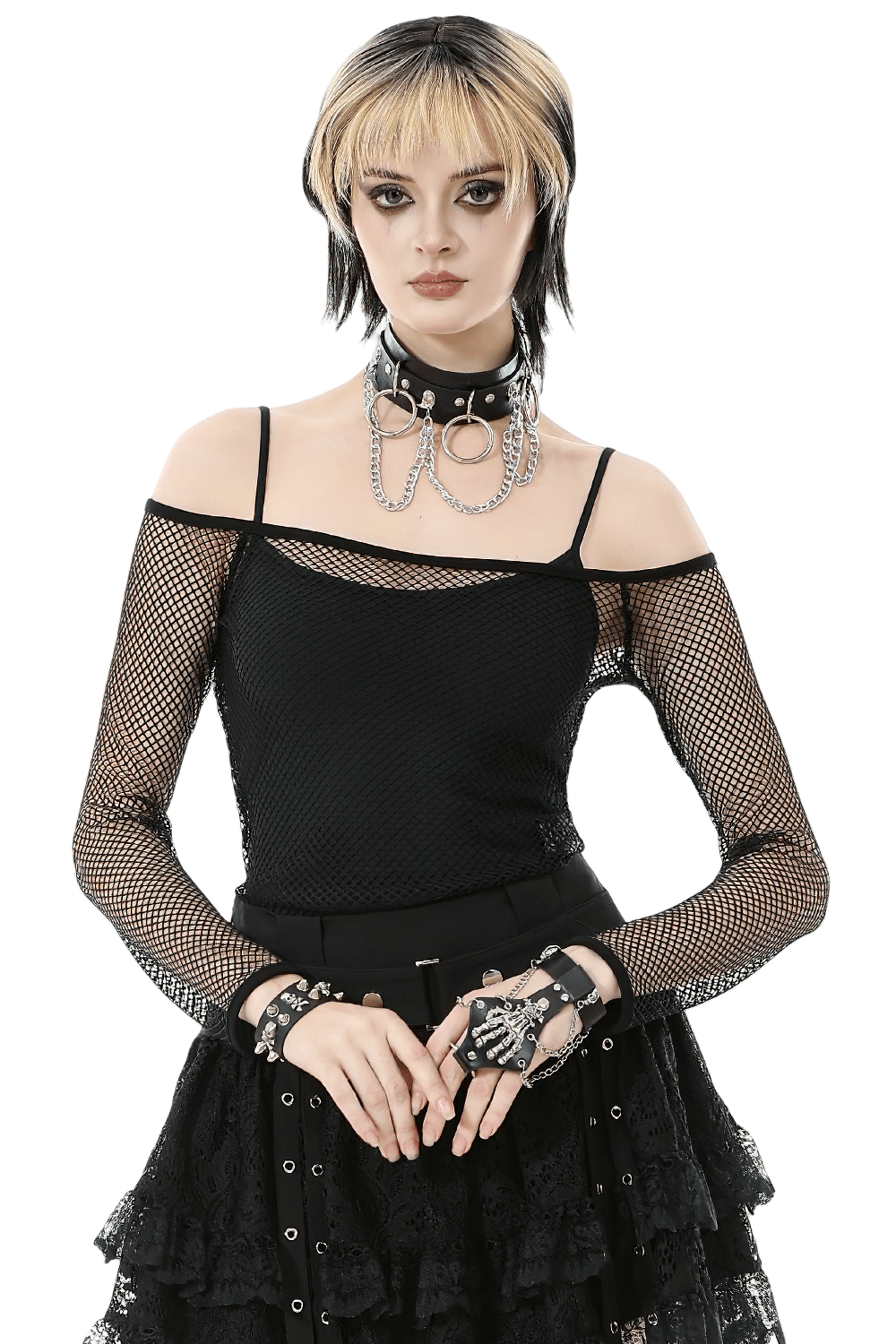 Gothic Mesh Off-Shoulder Long-Sleeved Top for Women styled with edgy accessories and layered fashion.