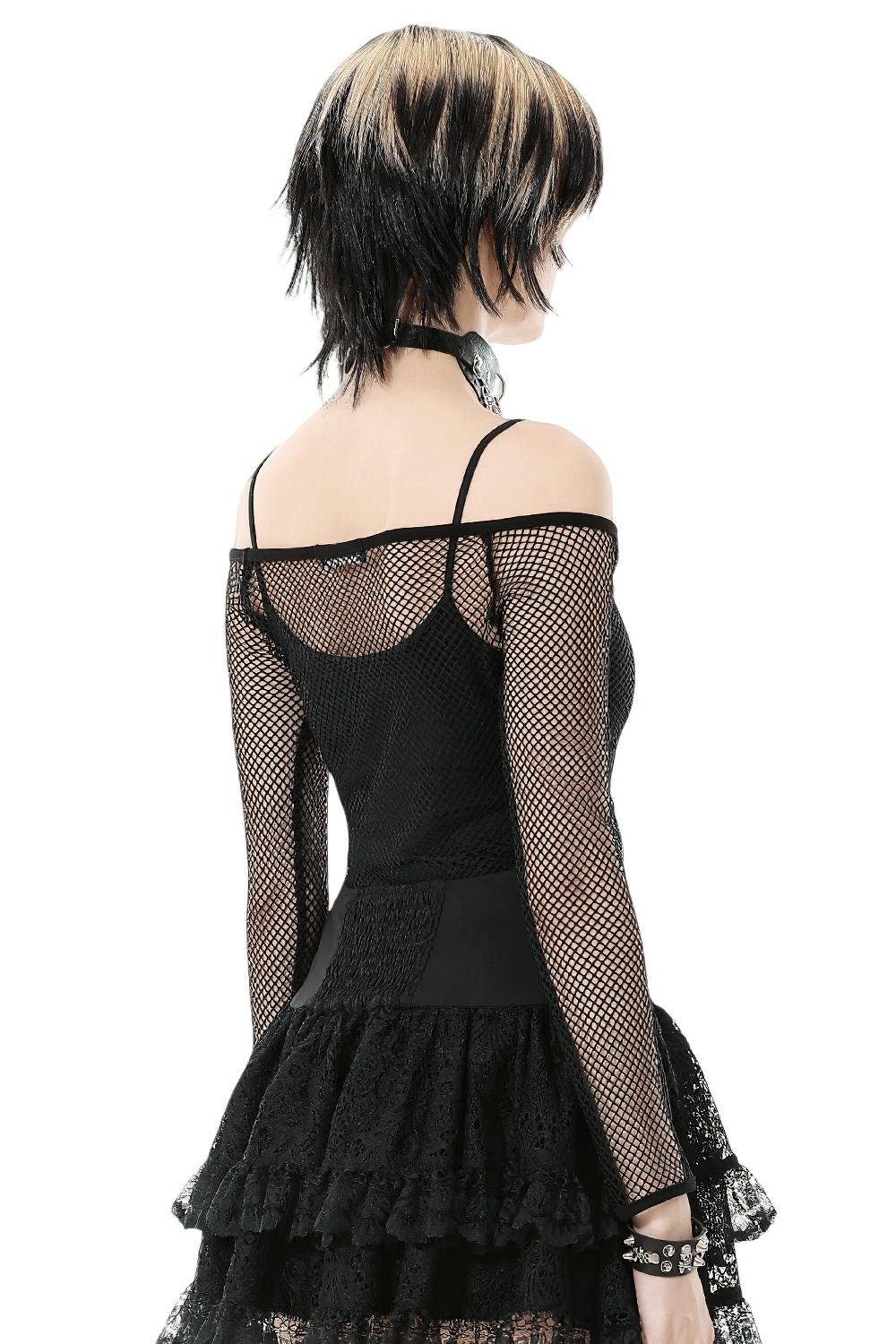 Gothic Mesh Off-Shoulder Long-Sleeved Top for Women worn with a layered black skirt, showcasing its edgy fishnet design.